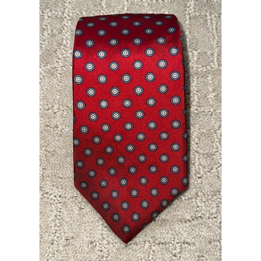 Hardy Amies London Red Silk Tie Geometric‎ Medallion Dot Pattern Classic Mens